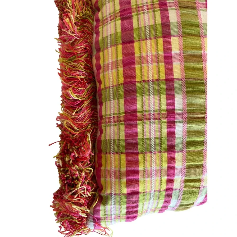 Pink Green Yellow Plaid Lumbar Throw Pillow with‎ Fringe Trim 20x12 Accent Boho
